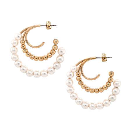 Pearl & Beaded Triple Hoop Pierced Earrings  18K Gold Plated Largest Hoop: 1.52" Long X 1.58" Wide