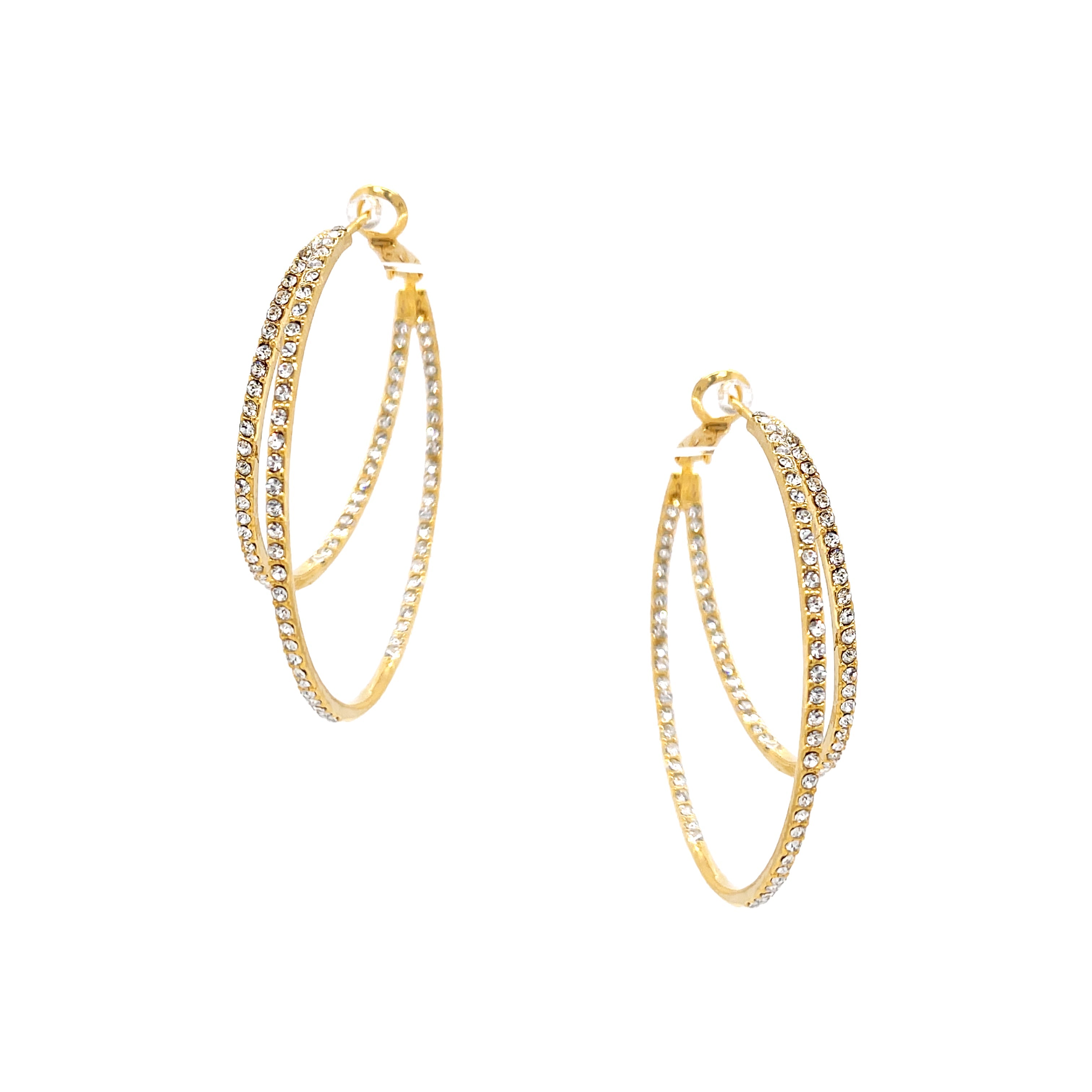 Asymmetrical Double Pave Crystal Pierced Hoop Earrings  Yellow Gold Plated 1.75" Long X 2.0" Wide