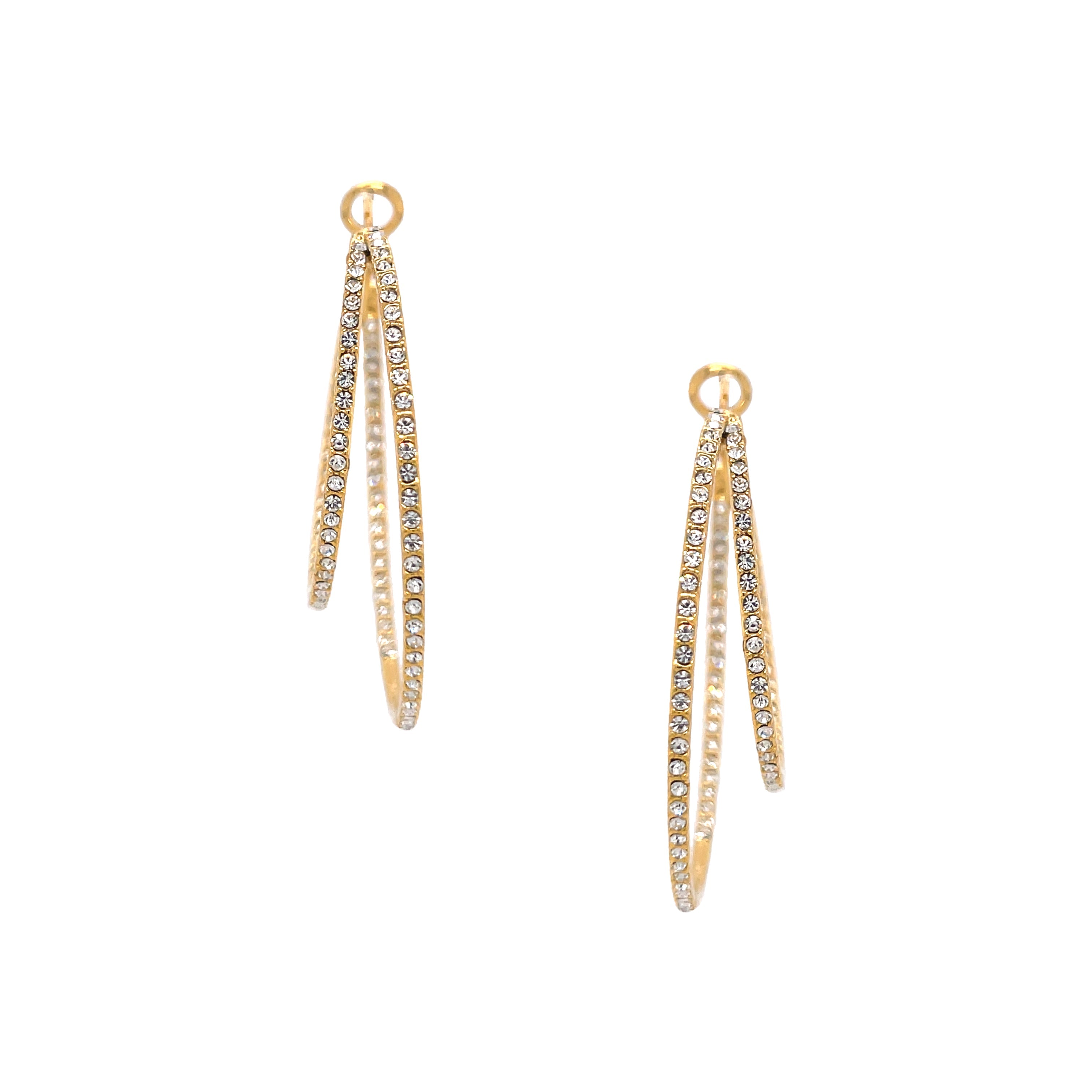 Asymmetrical Double Pave Crystal Pierced Hoop Earrings  Yellow Gold Plated 1.75" Long X 2.0" Wide