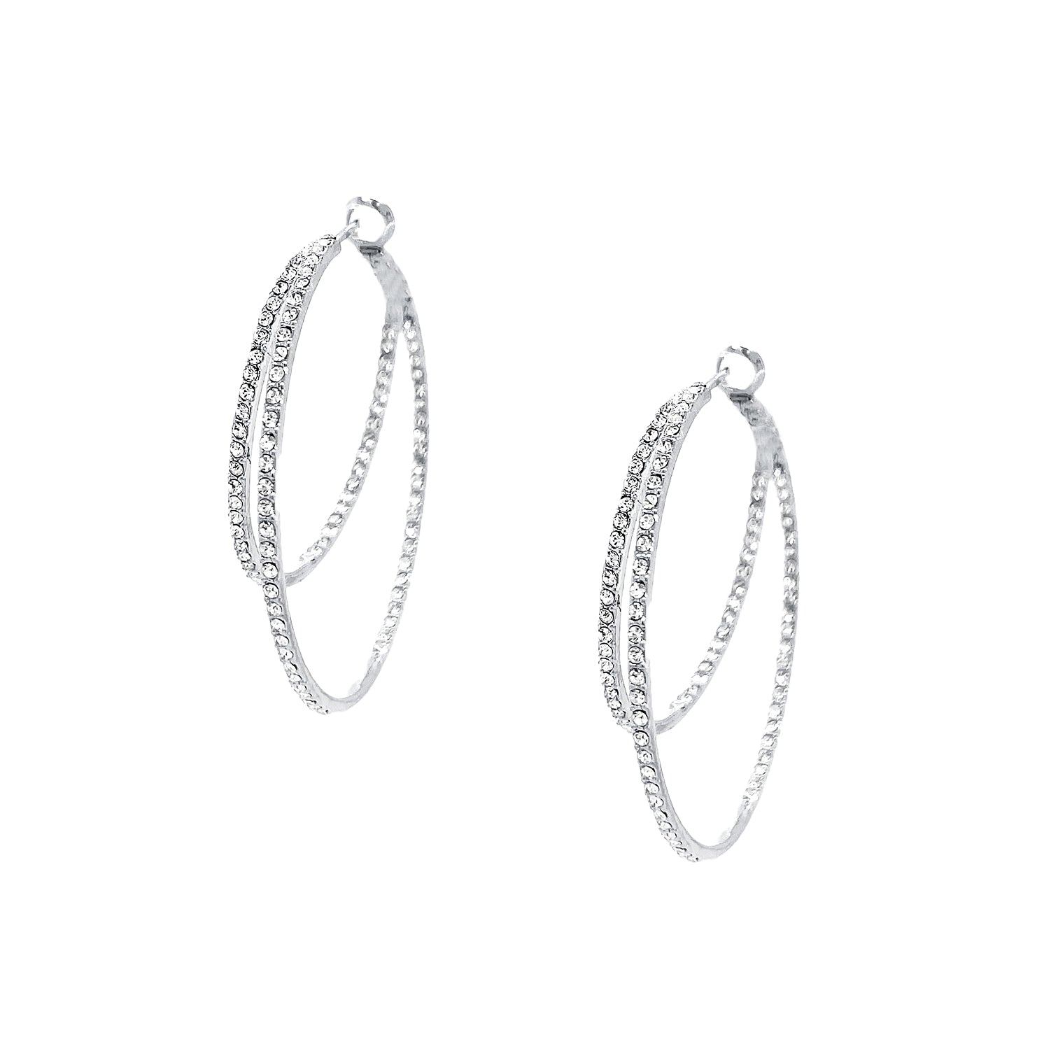 Asymmetrical Double Pave Crystal Hoop Earrings  White Gold Plated 1.77" Long X 2.1" Wide