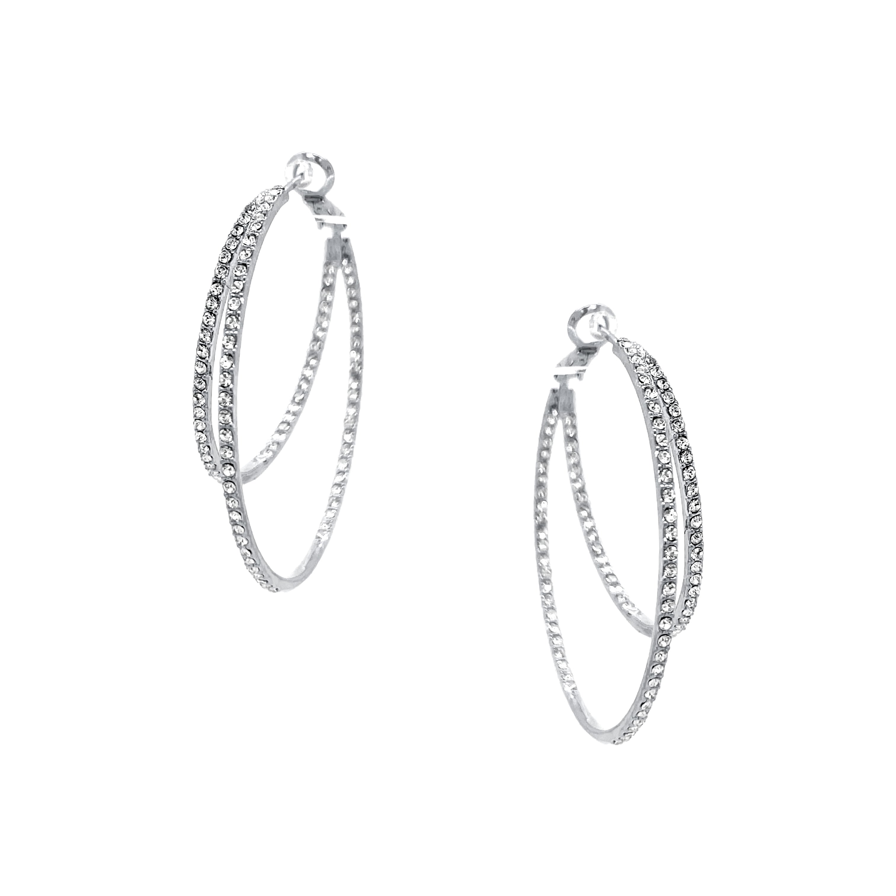 Asymmetrical Double Pave Crystal Hoop Earrings  White Gold Plated 1.77" Long X 2.1" Wide