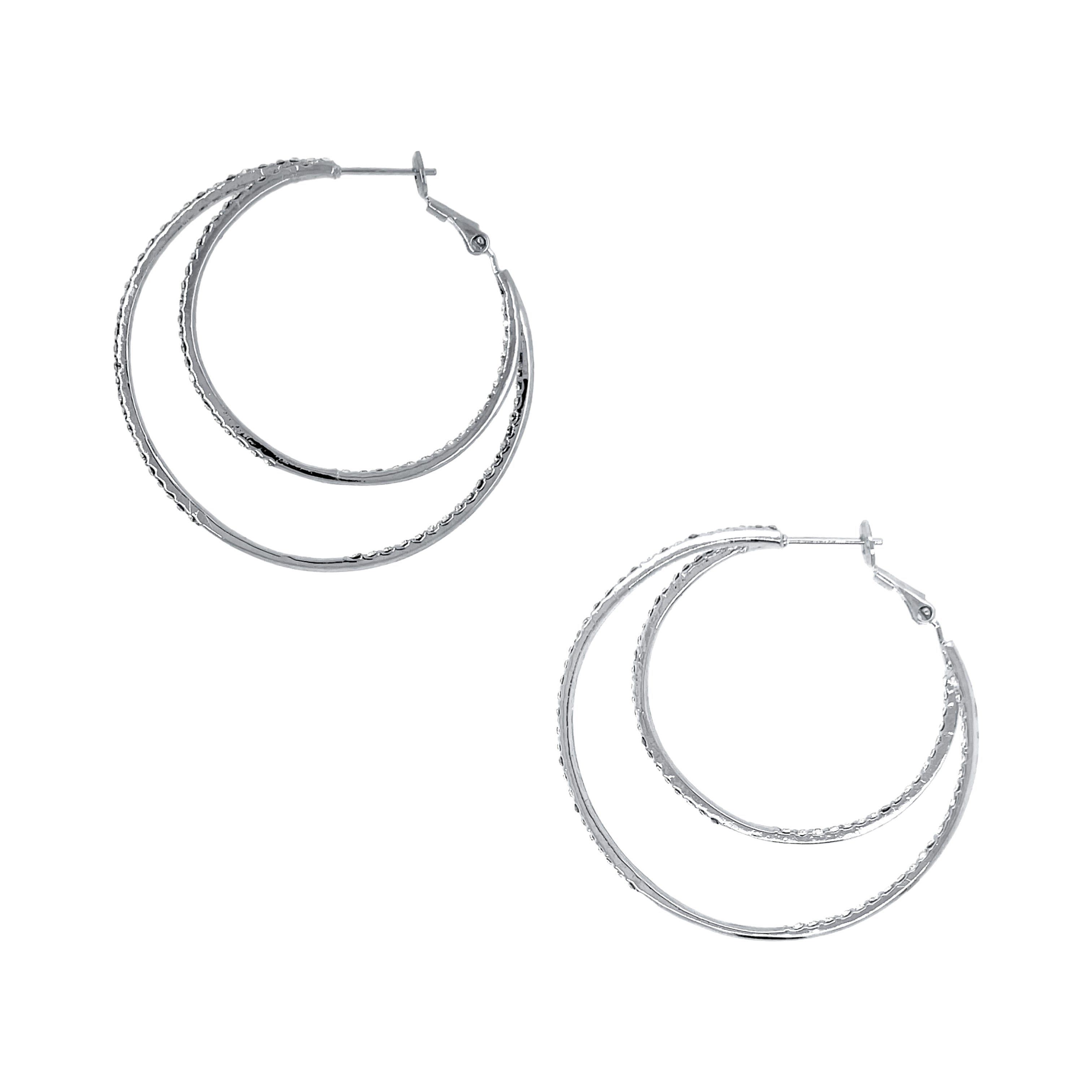 Asymmetrical Double Pave Crystal Hoop Earrings  White Gold Plated 1.77" Long X 2.1" Wide