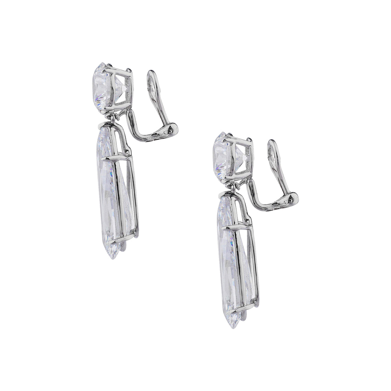 Crystal Teardrop with Round Top Drop Earrings   White Gold Cubic Zirconia  1.75" Length x 0.54" Width