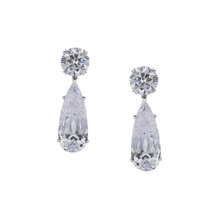 Crystal Teardrop with Round Top Drop Earrings   White Gold Cubic Zirconia  1.75" Length x 0.54" Width