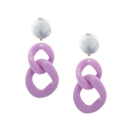 Lilac Resin Link Marble Circle Top Clip On Earrings  White Gold Plated 3.88" Long X 1.61" Wide view 1