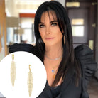 Pave Diamond Feather Drop Pierced Earrings  14K Yellow and White Gold 1.29 Diamond Carat Weight 2.75" Long X 0.5" Wide As worn by Kyle Richards