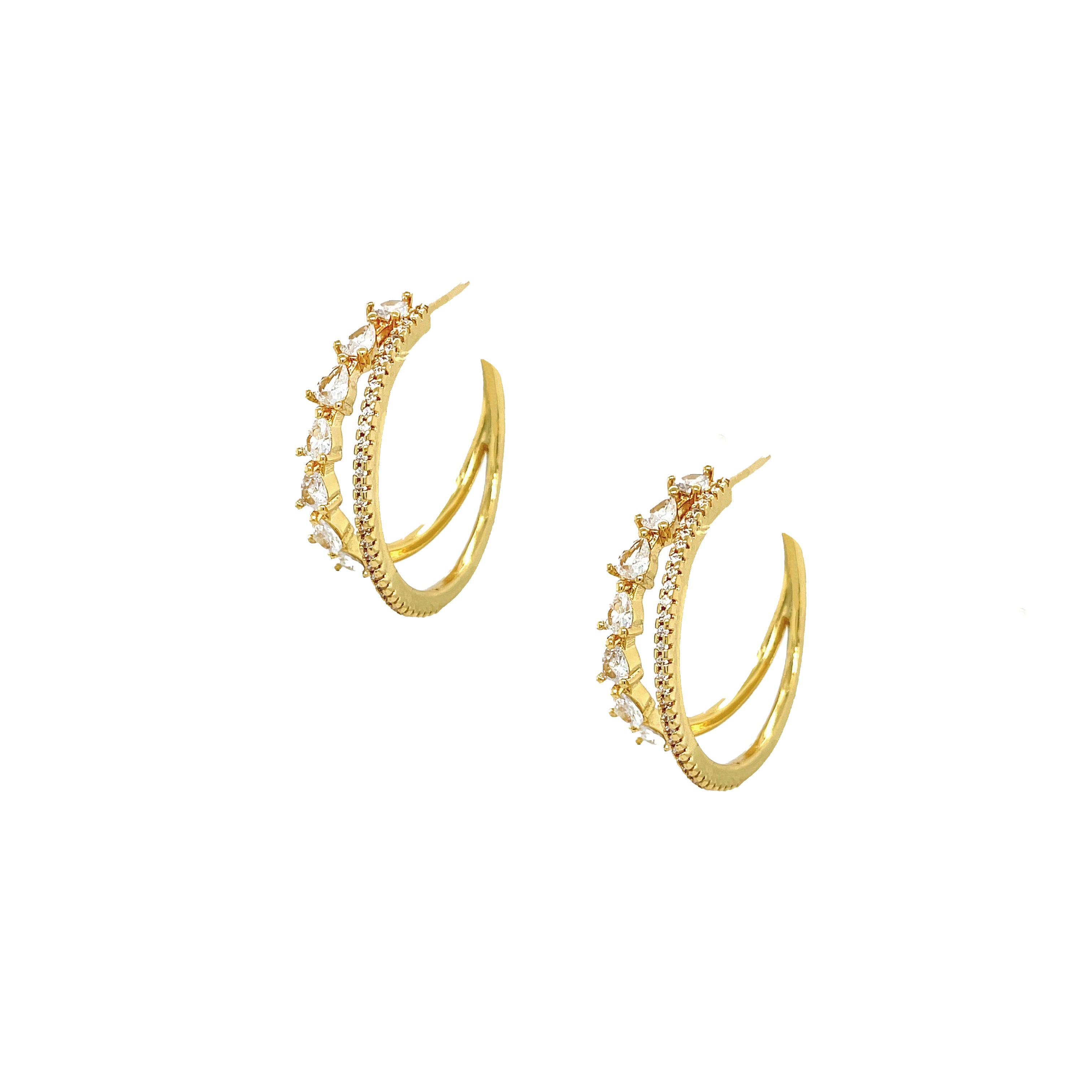 CZ Double Hoop Pierced Earrings  Yellow Gold Plated 1.20" Long X 0.32" Wide