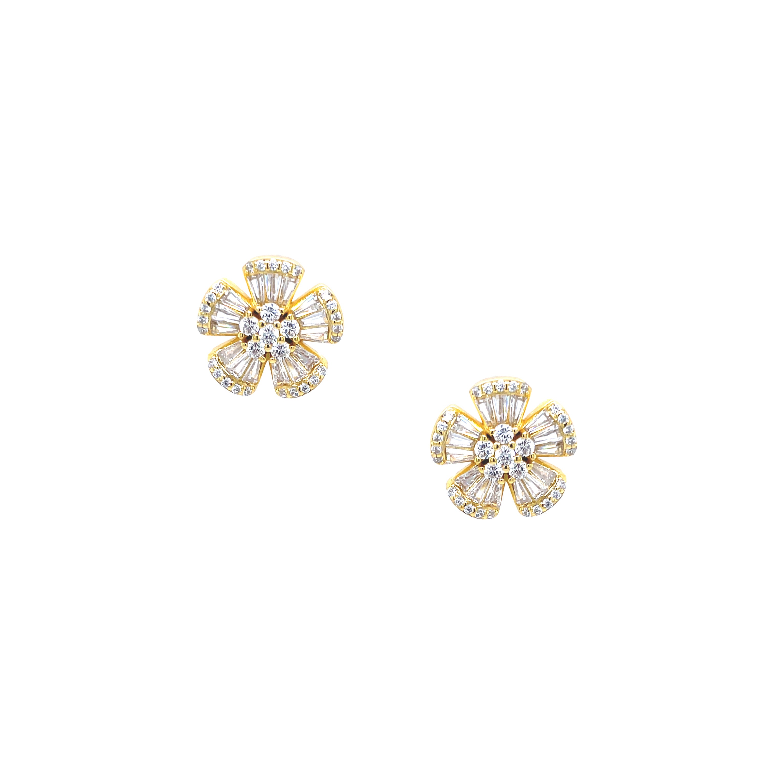 Multi-Stone Flower Stud Earrings  Yellow Gold Plated Cubic Zirconia  0.65" Diameter Pierced   