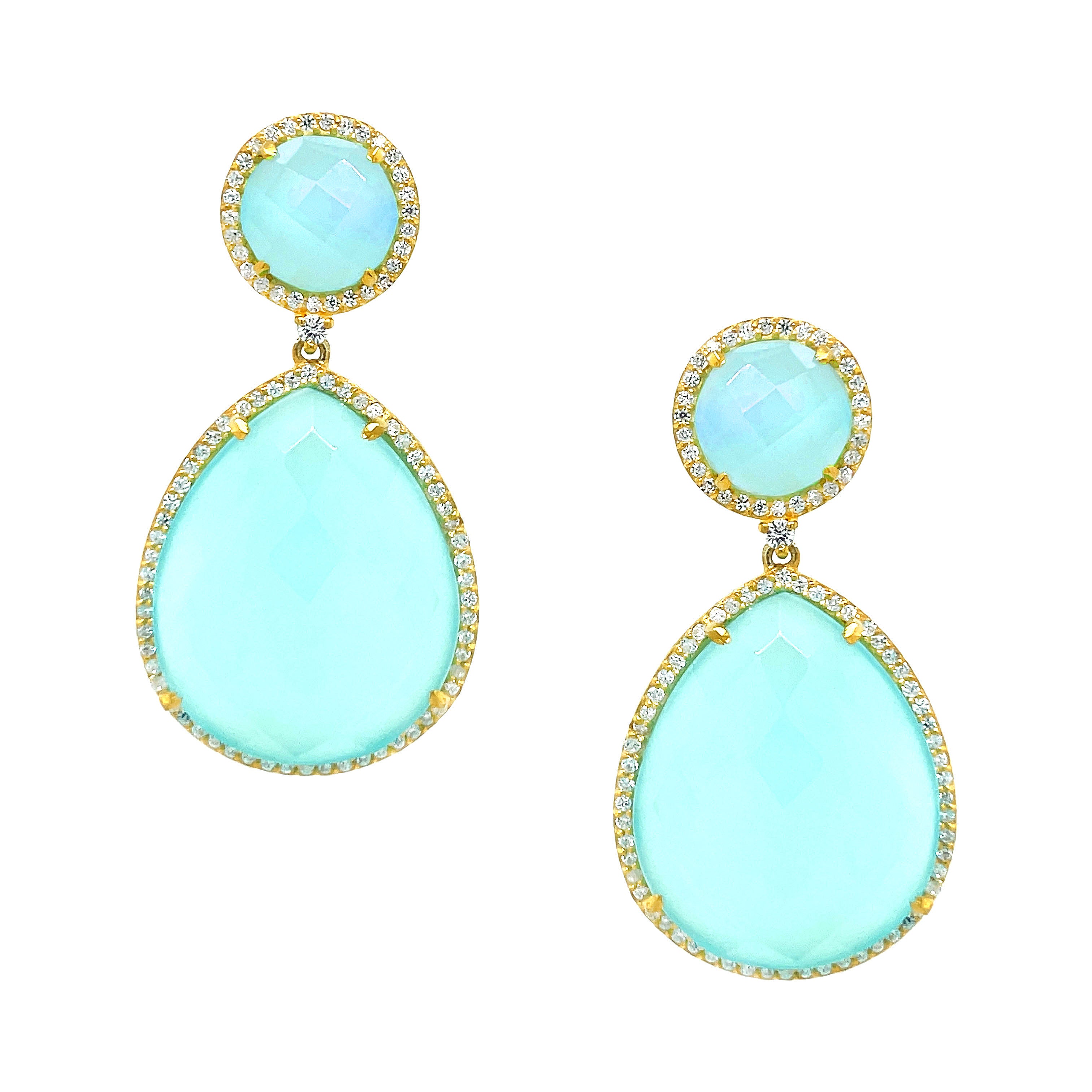 Mint Green Domed Teardrop Earrings  Yellow Gold Plated over Silver Prehnite Green Chalcedony Pave Cubic Zirconia Border 1.75" Length X 0.90" Width Pierced