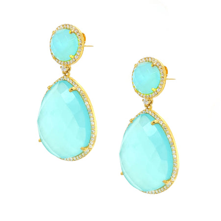 Mint Green Domed Teardrop Earrings  Yellow Gold Plated over Silver Prehnite Green Chalcedony Pave Cubic Zirconia Border 1.75" Length X 0.90" Width Pierced