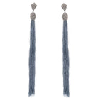 Grey Crystal Long String Tassel Pierced Earrings  Oxidized Gold Plated Over Silver 9" Long X 0.60" Wide