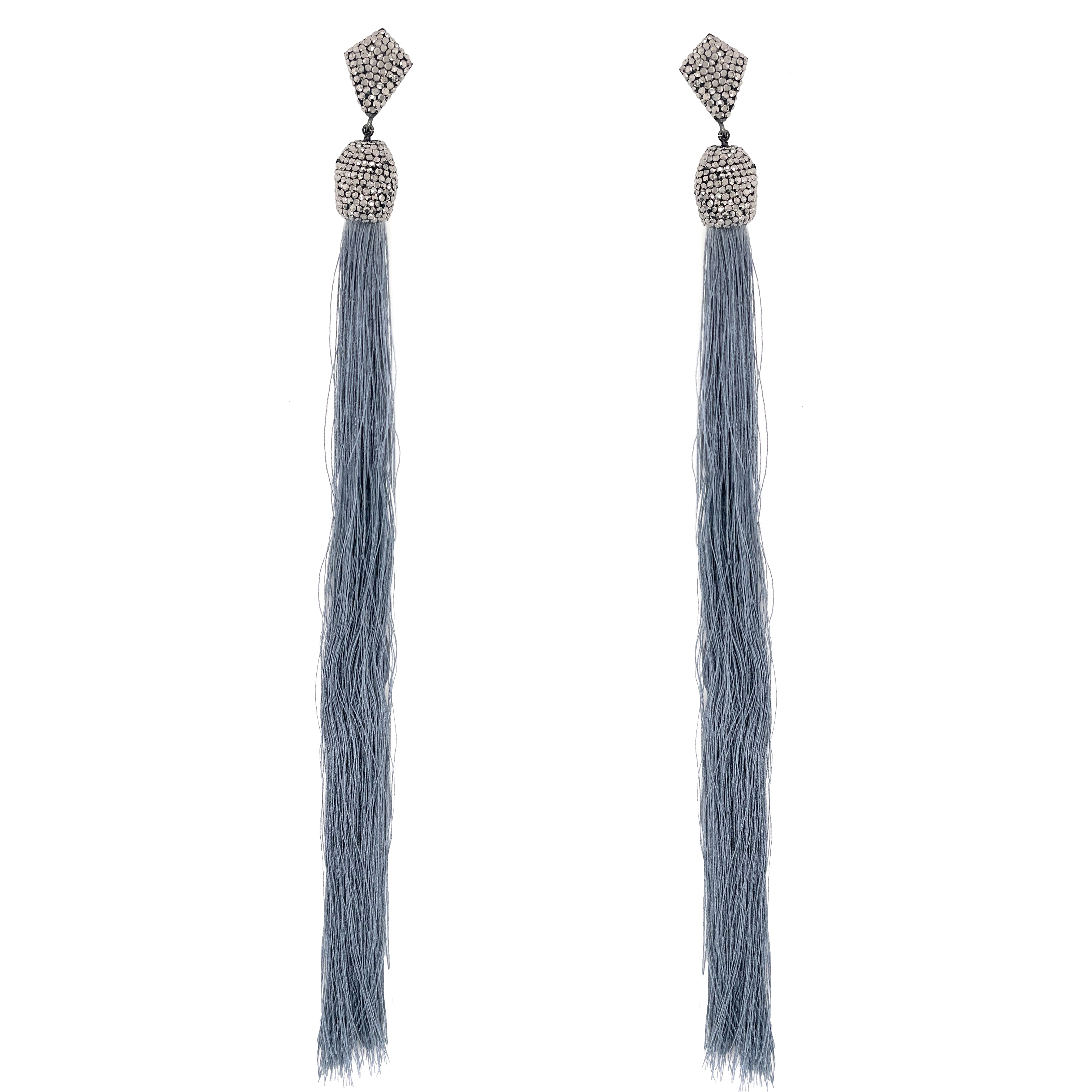 Grey Crystal Long String Tassel Pierced Earrings  Oxidized Gold Plated Over Silver 9" Long X 0.60" Wide