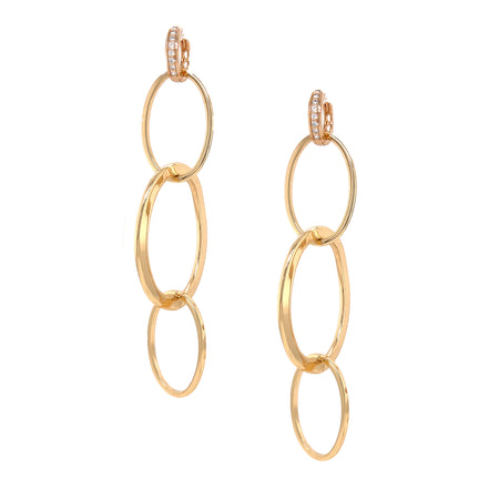 Triple Oval Link with Pierced Huggie Top Earrings  Yellow Gold Plated 4.25" Length 1.32" Widest Link 0.60" Huggie Top