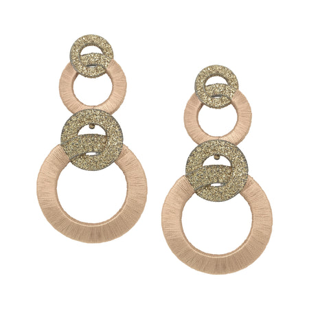 Sparkle & Taupe Wrapped Circles Pierced Earrings  White Gold Plated 4.05" Long X 2.10" Wide