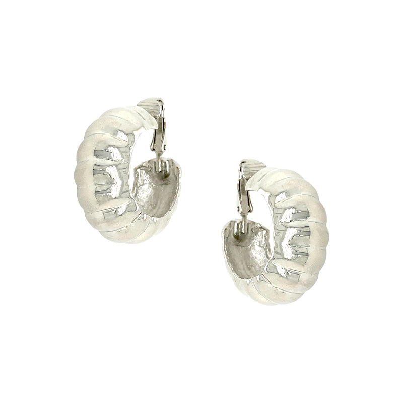 Ridged Hoop Clip On Earrings  White Gold Plated 1.22" Long X 0.54" Wide
