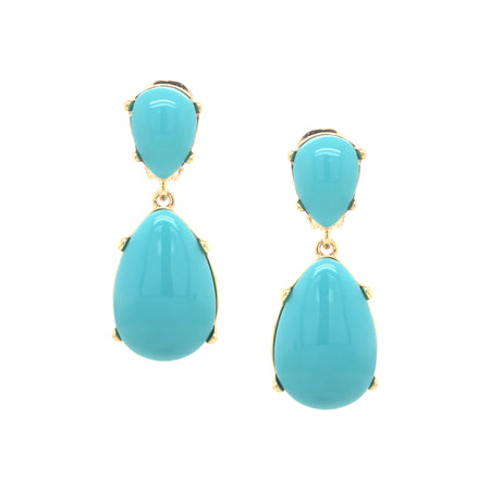 Double Turquoise Dome Teardrop Earrings  Yellow Gold Plated 2.10” Length X 0.82” Width view 1