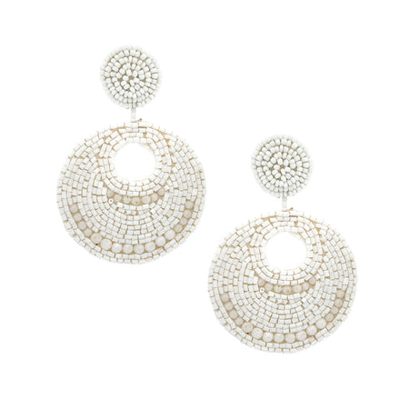 White Beaded Round Disc Earrings   Yellow Gold Plated  3.52" Length X 2.40" Width