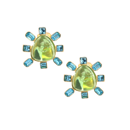 Green & Blue Organic Shaped Stone Earrings   Yellow Gold Plated 1.14" Length X 1.10 Width