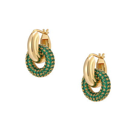 Chunky Gold Huggies with Interlocking Green Pave Crystal Hoop Earrings  Yellow Gold Plated Green Cubic Zirconia 0.90" Length X 0.62" Width Pierced