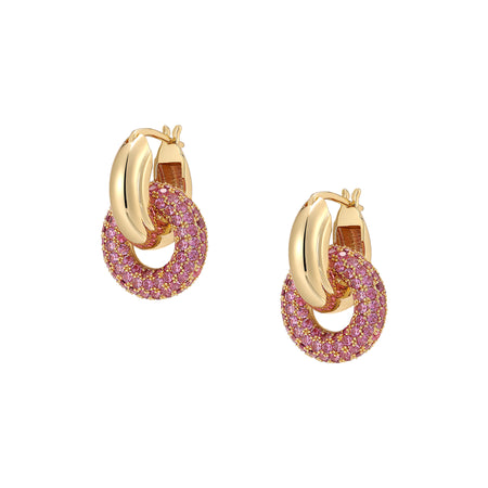 Chunky Gold Huggies with Interlocking Pink Pave Crystal Hoop Earrings  Yellow Gold Plated Pink Cubic Zirconia 0.90" Length X 0.62" Width Pierced