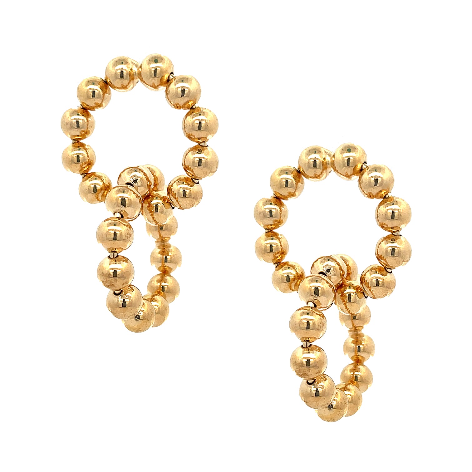 Double Circle Bead Pierced Earrings  Yellow Gold Plated Bead: 0.24" Diameter 1.75" Long