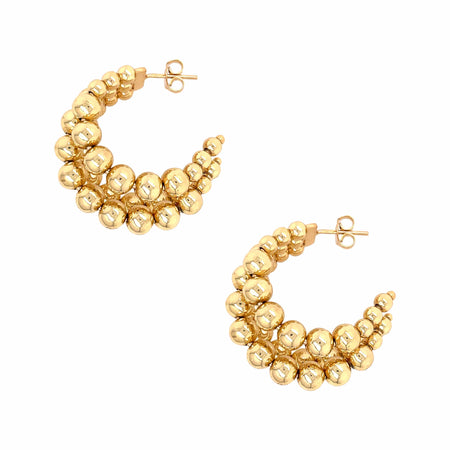 3 Row Beaded Pierced Medium Hoop Earrings  Yellow Gold Plated 1.35 Inch Diameter 0.82 Inches Wide   Due to popular demand please allow 2-3 weeks for delivery