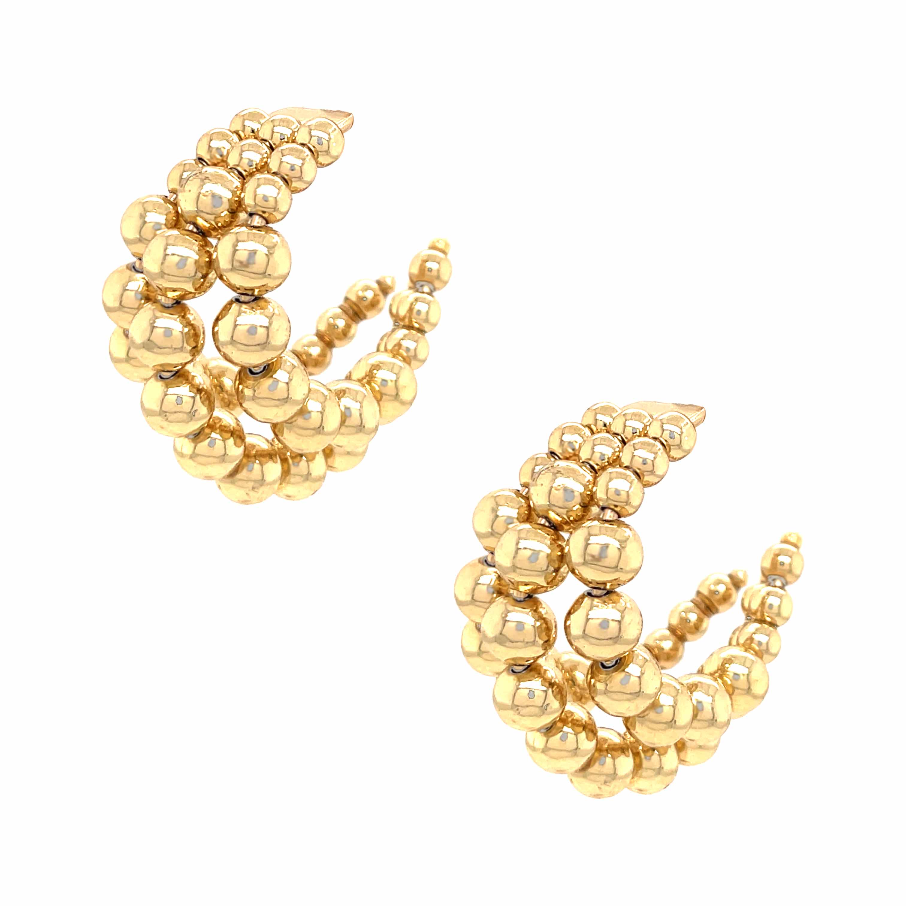 3 Row Beaded Pierced Medium Hoop Earrings  Yellow Gold Plated 1.35 Inch Diameter 0.82 Inches Wide   Due to popular demand please allow 2-3 weeks for delivery