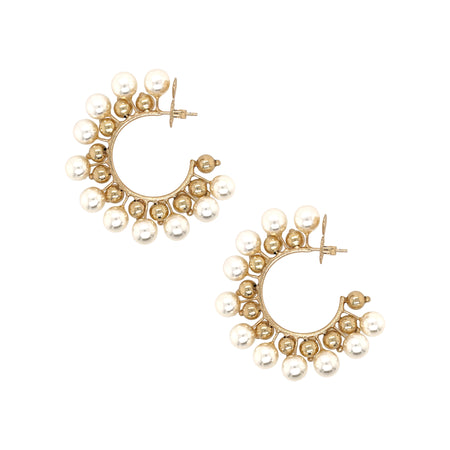 Beaded Pearl Pierced Hoop Earrings  Yellow Gold Plated 2.20" Diameter 0.58" Wide view 1