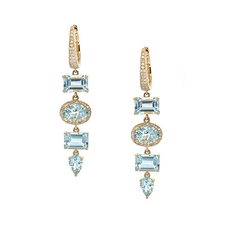 14K Gold Diamond & Aquamarine Pierced Earrings  14K Yellow Gold 0.22 Diamond Carat Weight 5.82 Aquamarine Carat Weight 1.70" Long X 0.35" Wide