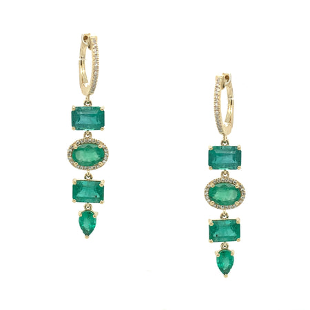 14K Gold Emerald & Diamond Drop Pierced Earrings  14K Yellow Gold 0.17 Diamond Carat Weight 5.97 Emerald Carat Weight 1.72" Long X 0.35" Wide view 1