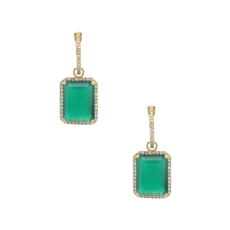 Pave Diamond & Green Onyx Huggie Drop Pierced Earrings  14K Yellow Gold 0.40 Diamond Carat Weight 6.52 Green Onyx Carat Weight 1.10" Long X 0.28" Wide