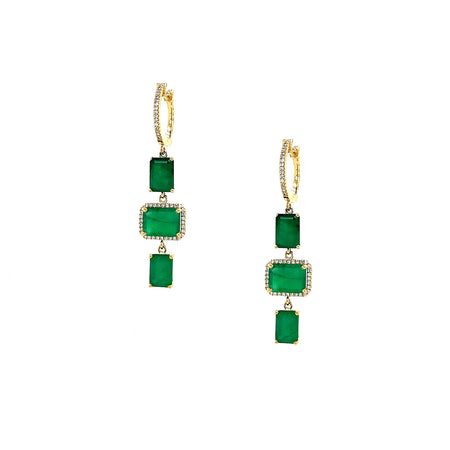 Emerald & Diamond Drop Pierced Earrings  14K Yellow Gold 0.24 Diamond Carat Weight 6.66 Emerald Carat Weight 1.68" Long X 0.39" Wide view 1