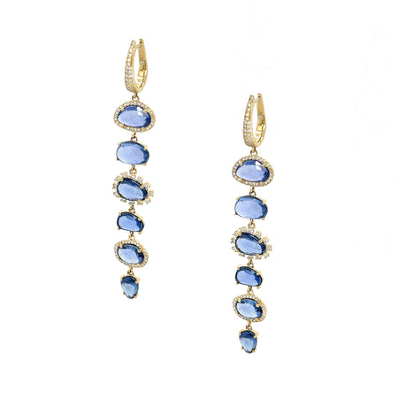 Diamond & Blue Sapphire Drop Earrings   14K Yellow Gold 0.61 Diamond Carat Weight 10.51 Blue Sapphire Carat Weight 2.64" Length X .43" Width Pierced