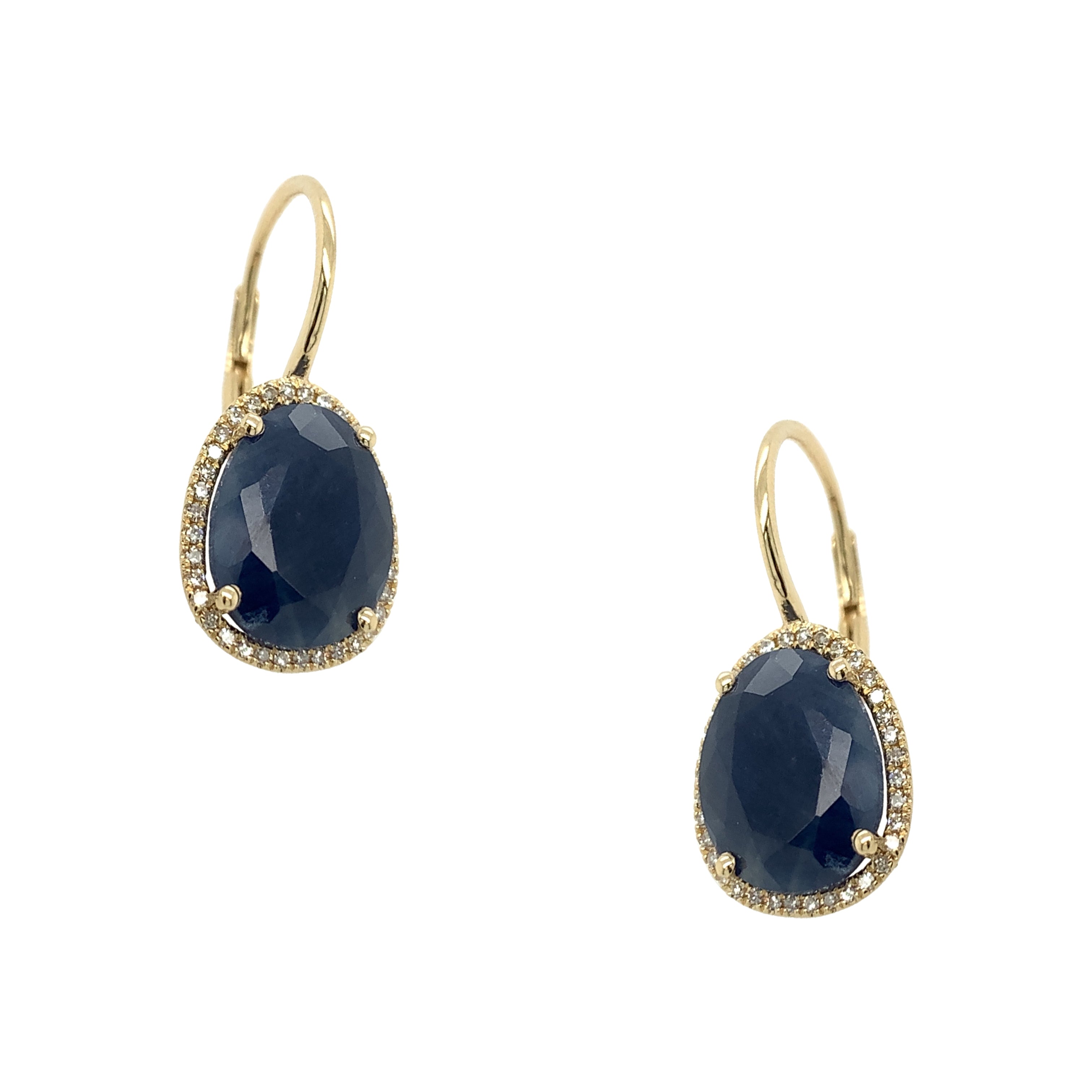 Yellow Gold Pave Diamond Sapphire Drop Pierced Earrings 14K Yellow Gold 0.17 Pave Diamond Carat Weight 6.58 Blue Sapphire Carat Weight 0.91" Long X 0.40" Wide