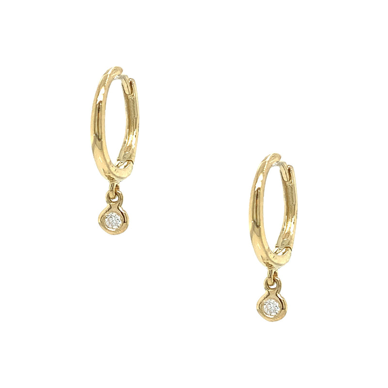 Diamond Bezel Dangle Huggie Pierced Earring  14K Yellow Gold 0.04 Diamond Carat Weight 0.63" Length  0.42" Diameter Due to popular demand please allow 4-6 weeks for delivery