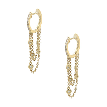 14K Yellow Gold Pave & Bezel Diamond Chain Huggie Pierced Earrings  14K Yellow Gold 0.15 Diamond Carat Weight Huggie: 0.50" Diameter 1.32" Long
