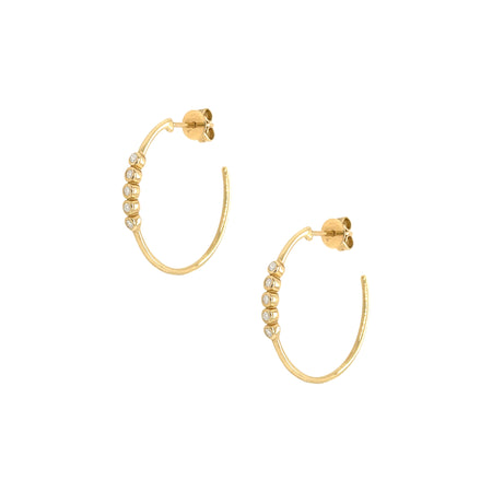 14K Gold Small Hoop Earrings with Bezel Set Diamond Accent  14K Yellow Gold 0.11" Diamond Carat Weight  1.0" Diameter Pierced