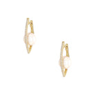 Center Pearl & Pave Diamond V Hoop Pierced Earrings  14K Yellow Gold 0.11 Diamond Carat Weight 2 Pearl Carat Weight 0.80" Long X 0.45" Wide