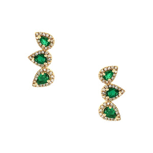 Emerald & Diamond Teardrop Crawler Pierced Earrings  14K Yellow Gold 0.20 Diamond Carat Weight 0.47 Emerald Carat Weight 0.55" Long X 0.25" Wide