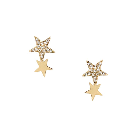 Pave Diamond 2 Stars Pierced Earrings   14K Yellow Gold 0.07 Diamond Carat Weight