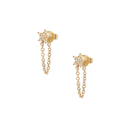 Diamond Star Stud Chain Dangle Pierced Earrings  14K Yellow Gold 0.04 Diamond Carat Weight