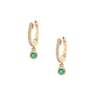 Pave Diamond & Emerald Drop Huggie Pierced Earrings 14K Yellow Gold 0.07 Pave Diamond Carat Weight 0.13 Emerald Carat Weight 0.65 Inches Long 0.43 Inch Diameter