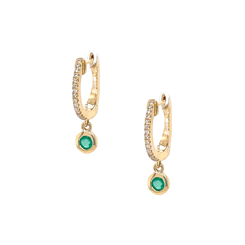 Pave Diamond & Emerald Drop Huggie Pierced Earrings 14K Yellow Gold 0.07 Pave Diamond Carat Weight 0.13 Emerald Carat Weight 0.65 Inches Long 0.43 Inch Diameter