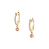 Pave Diamond & Emerald Drop Huggie Pierced Earrings 14K Yellow Gold 0.07 Pave Diamond Carat Weight 0.13 Pink Sapphire Carat Weight 0.65 Inches Long 0.43 Inch Diameter