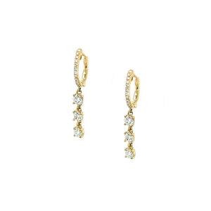 3 Diamond Drops on 14K Gold Pave Huggie Earrings  14K Yellow Gold 0.55 Diamond Carat Weight 0.95" Length X 0.10" Width Pierced