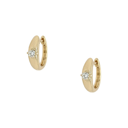 Single Diamond Thick Huggie Hoop Pierced Earrings  14K Yellow Gold 0.11 Diamond Carat Weight 0.5" Diameter 0.13" Thick