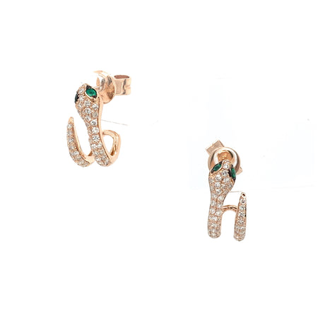 Diamond Snake with Emerald Eyes Huggie Pierced Earrings  14K Rose Gold 0.22 Carat Diamond Weight 0.04 Carat Emerald Weight  0.47" H x 0.21" W