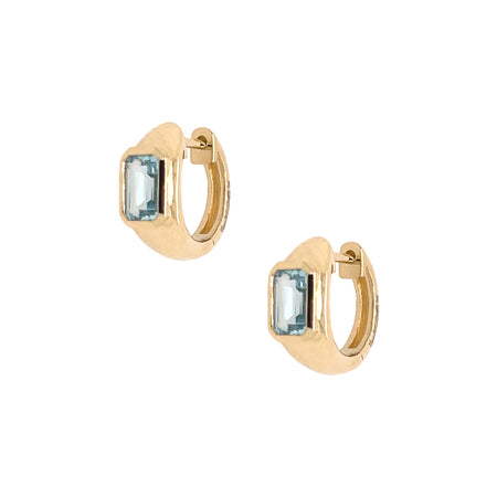 Emerald Cut Sky Blue Topaz Dome Huggie Pierced Earrings  14K Yellow Gold 1.33 Blue Topaz Carat Weight Hoop: 0.38" Diameter X 0.24" Thick Stone: 0.22" Long X 0.18" Wide