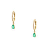 Emerald Teardrop & Pave Diamond Huggie Pierced Earrings  14K Yellow Gold 0.45 Emerald Carat Weight 0.05 Diamond Carat Weight 0.44" Diameter 0.75" Long