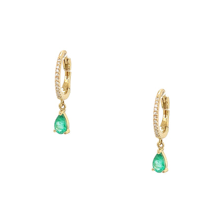Emerald Teardrop & Pave Diamond Huggie Pierced Earrings  14K Yellow Gold 0.45 Emerald Carat Weight 0.05 Diamond Carat Weight 0.44" Diameter 0.75" Long